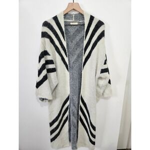 Sleeping on Snow Anthropologie Striped Eyelash Knit Duster Cardigan Black White